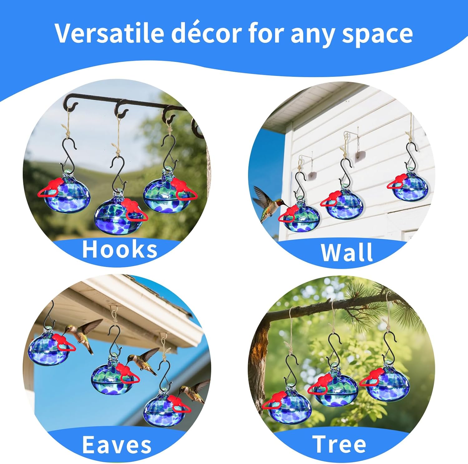 Set of 3 Hummingbird Feeders for Outdoors Hanging,Hand-Blown Glass Hum