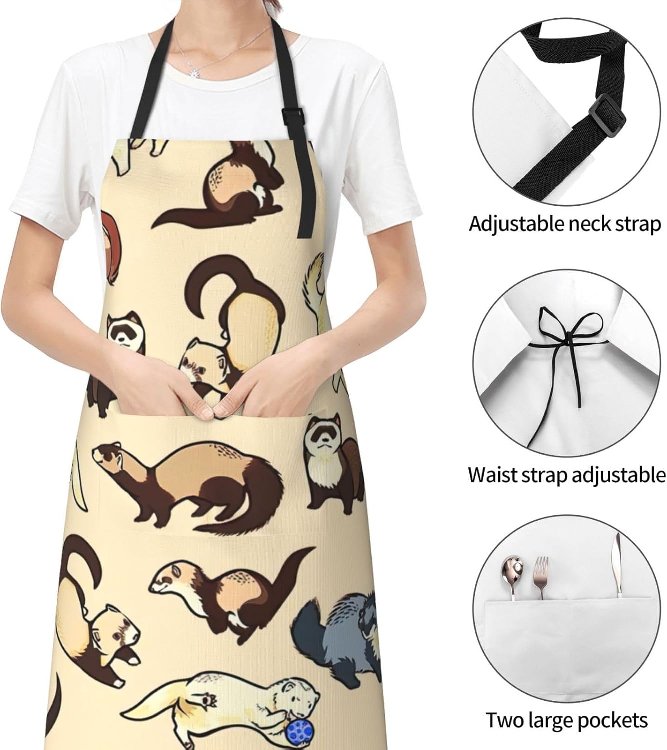 Hairy Ferret Print 28x33 In Adult Kitchen Apron with Pockets Versatile Chef Smock for Cooking Baking