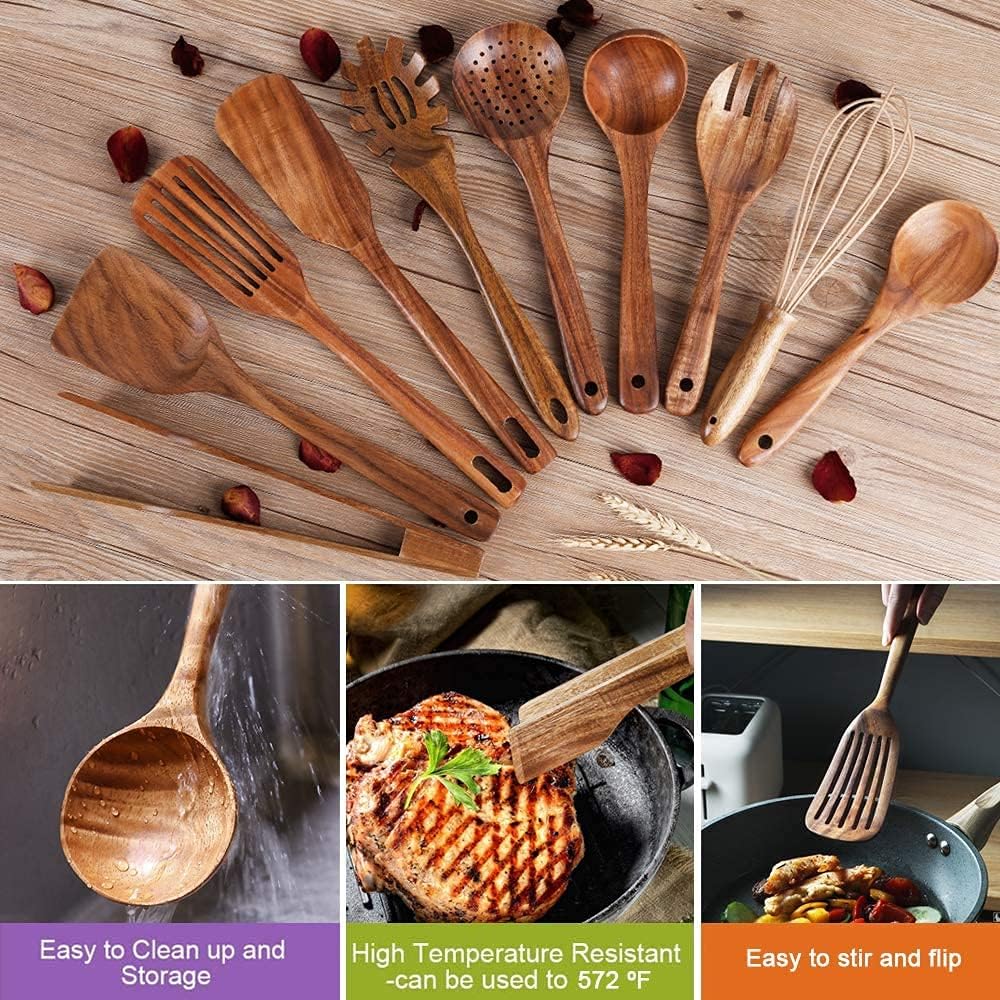 10 Pack Wooden Utensils for Cooking, Wood Utensil Set for Kitchen, Tea