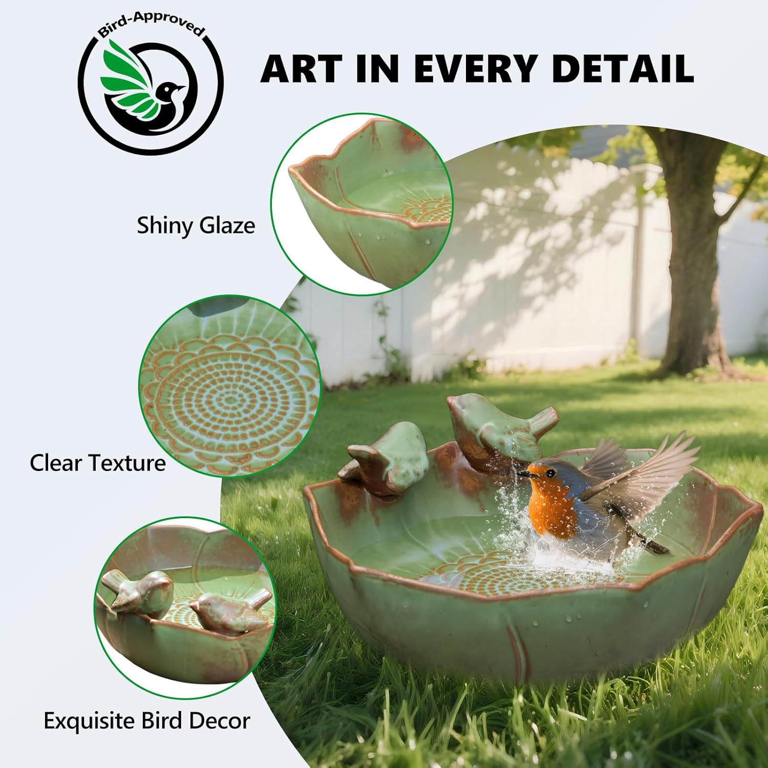 Ceramic Bird Bath for Outdoors, 10.1” Ground Ceramic Bird Baths Bowl f