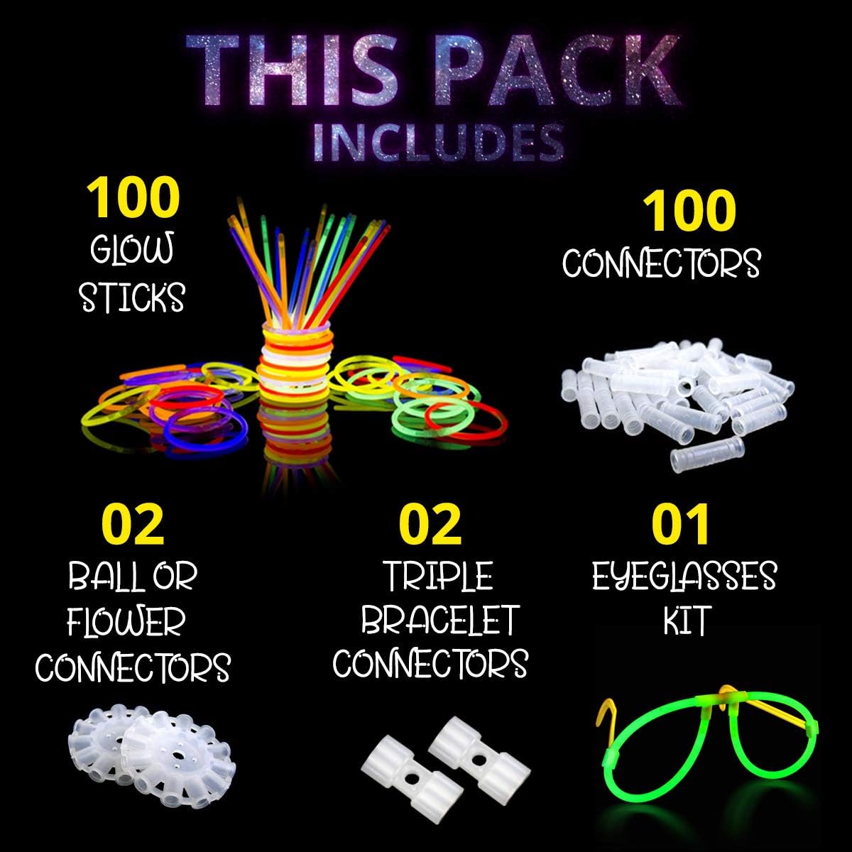 Ammy Glow-205 Pcs Glow Sticks-100 Pack Bulk Party favors for Kids-Neon Glow in The Dark Party Supplies - Eye Glasses, Glow Bracelets & Necklaces -Party Lights For Birthdays & Weddings