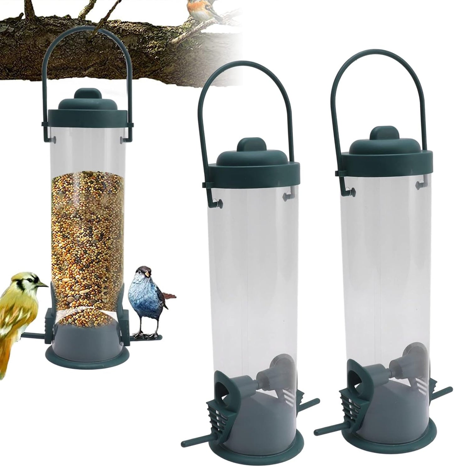 FLEXMAN 2 Set Bird Tube Feeder, 6.5cm Wide Opening Plastic Transparent Hanging Finch Feeder, Garden Decoration with 2 Vents 2 Ports for Outdoor