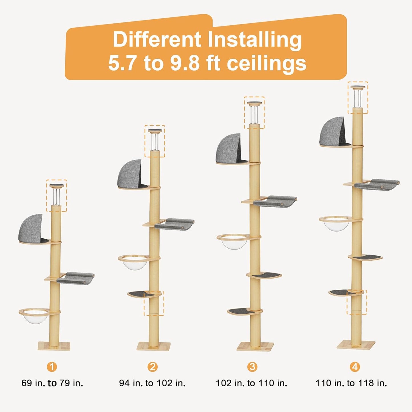 FUKUMARU Floor to Ceiling Cat Tree, 6 Level Adjustable Height (5.7-9.8