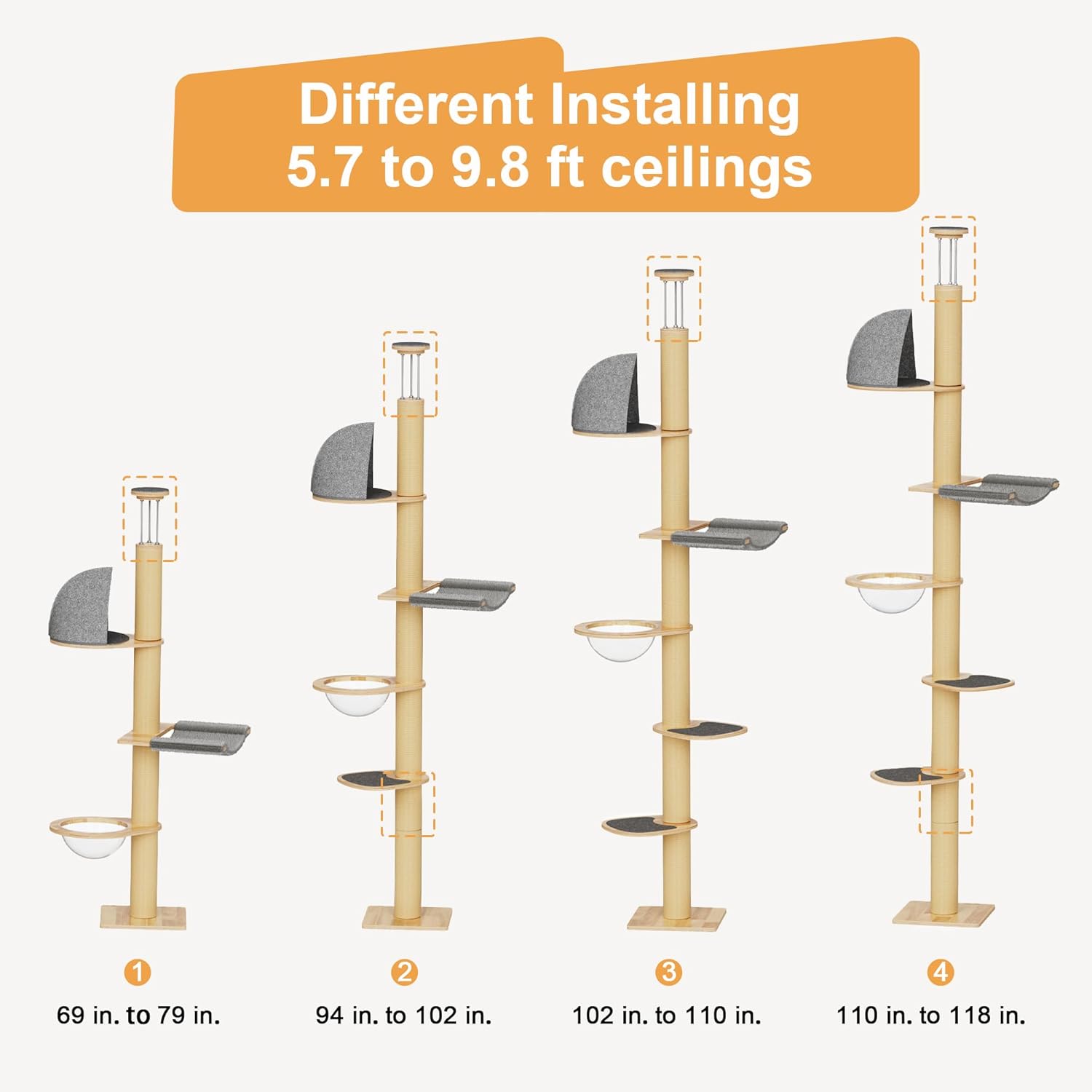 FUKUMARU Floor to Ceiling Cat Tree, 6 Level Adjustable Height (5.7-9.8
