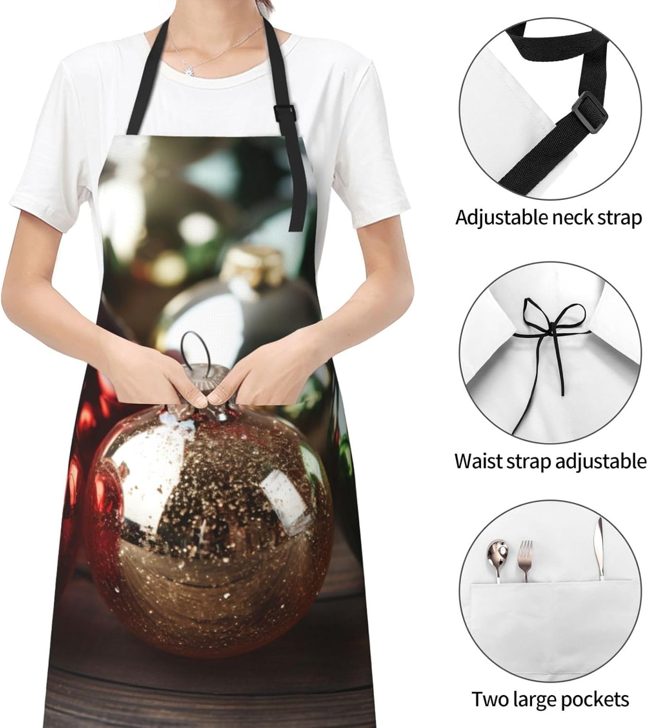 Merry Christmas Ball print Waterproof apron with pocket adjustable coo