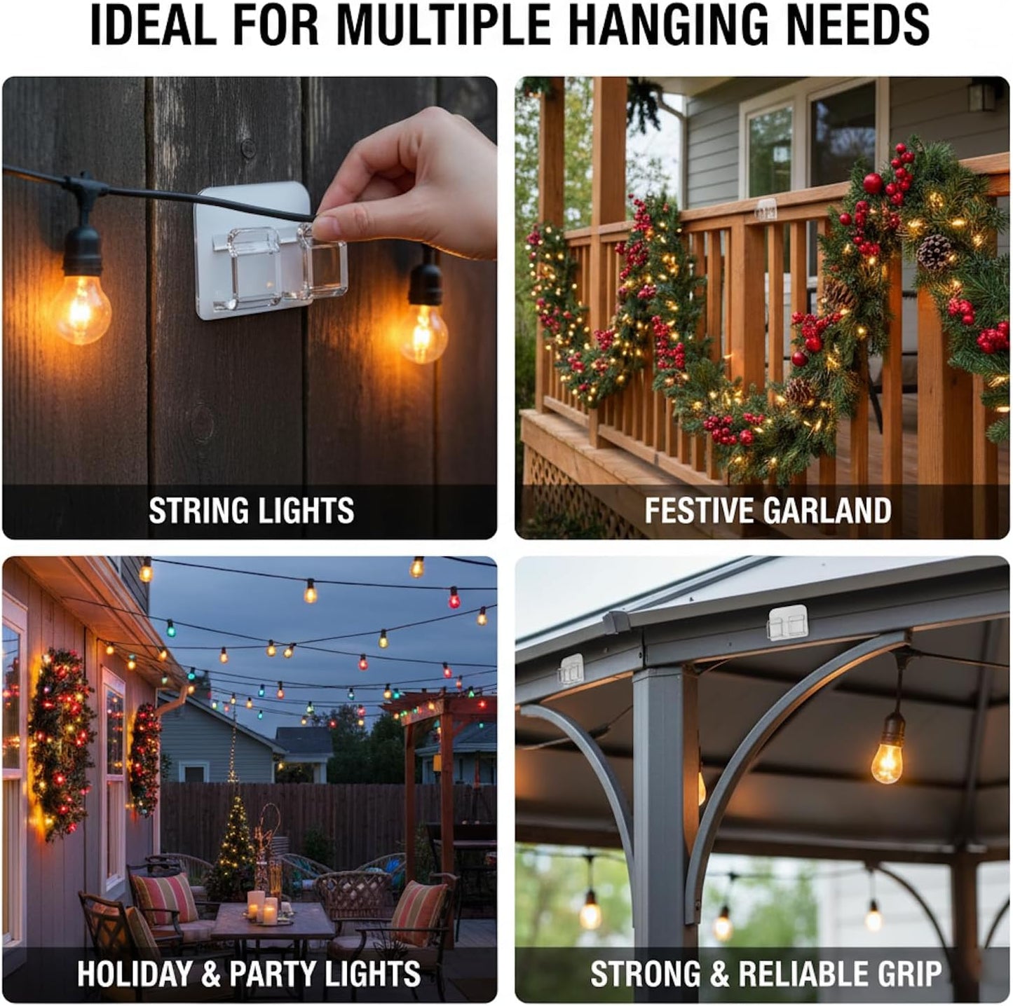 40 Pack Large Outdoor String Light Hooks - Reusable & Waterproof Adhesive Clips for Patio & Garden - Damage-Free, Clear Wire Holders for Christmas Garland, Decoration & Cable Management