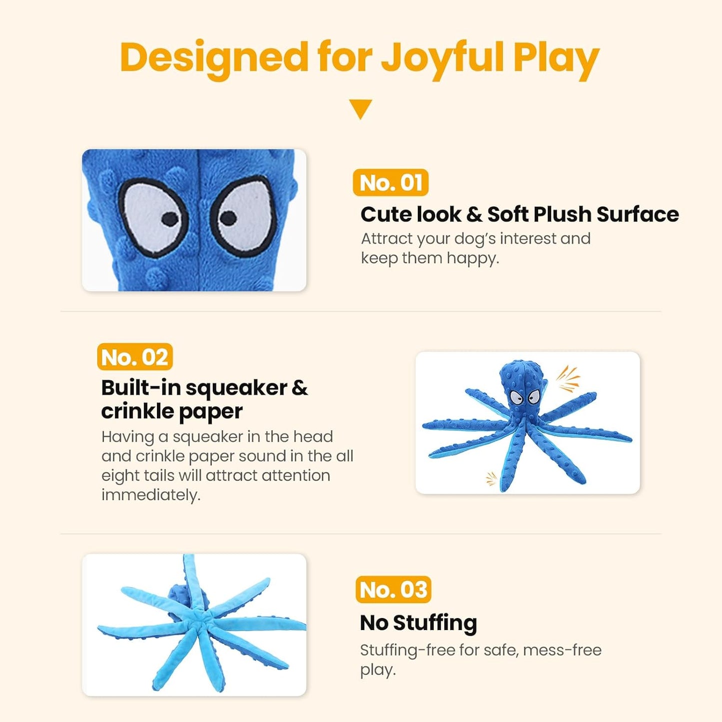 HGB Squeaky Dog Toys - Octopus No Stuffing Crinkle Plush Large Dog Toy