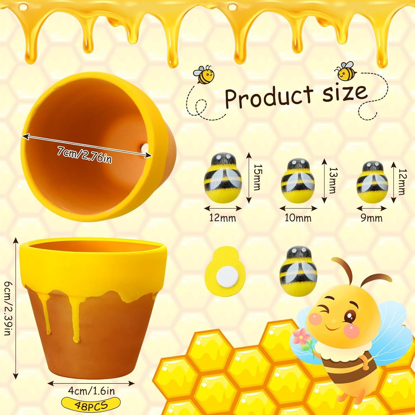 Yungyan 48 Pack Mini Honey Bee Pots with Bee Charms for Cupcake Planter Ceramic Honey Jars for Baby Shower Guests Wedding 1st Birthday Party Favors (Cute Style)