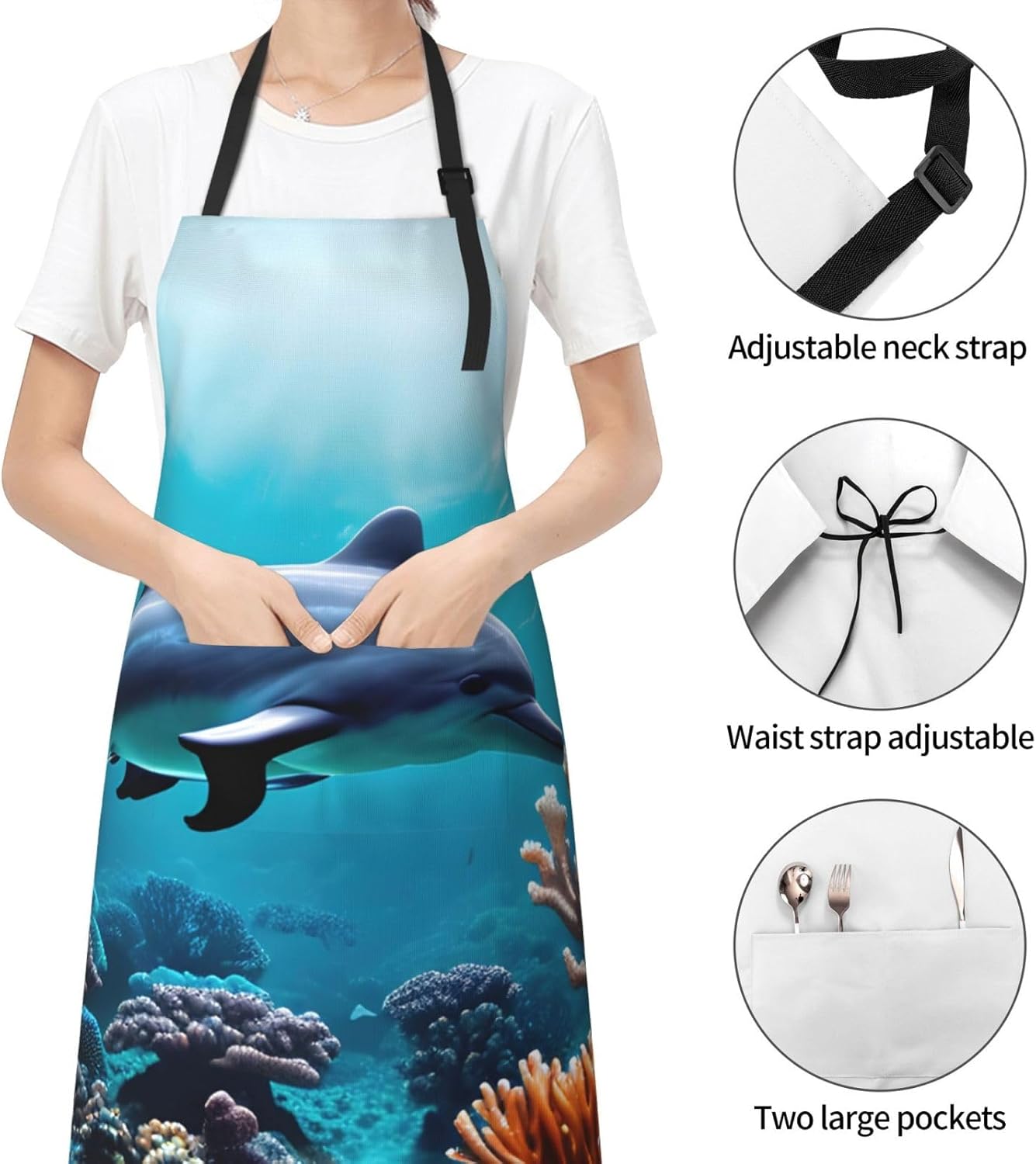 Beautiful Underwater World Dolphins Coral Print 28x33 In Adult Kitchen Apron with Pockets Versatile Chef Smock for Cooking Baking
