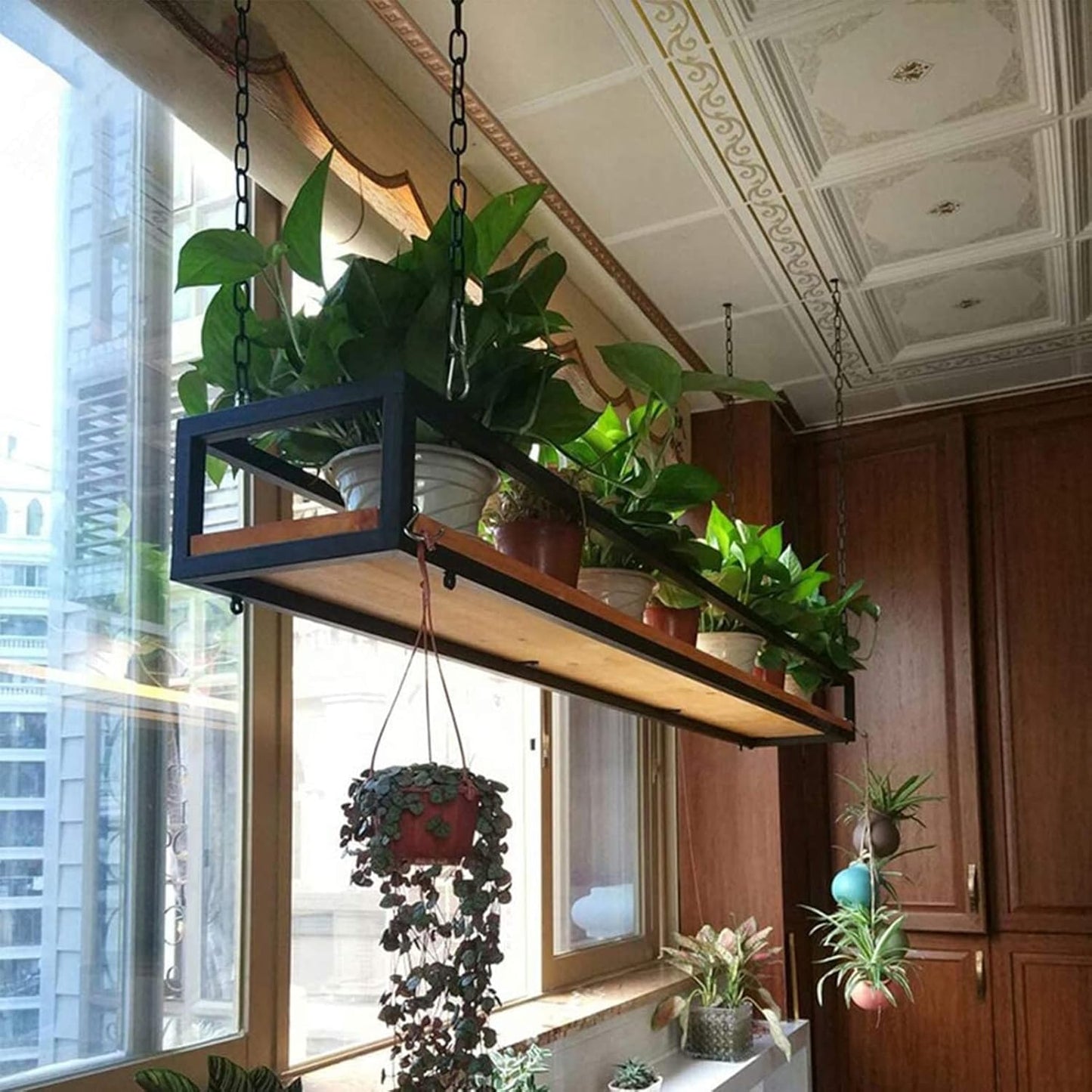 Creative Ceiling Hanging Flower Pot Display Rack, Solid Wood & Iron Fr