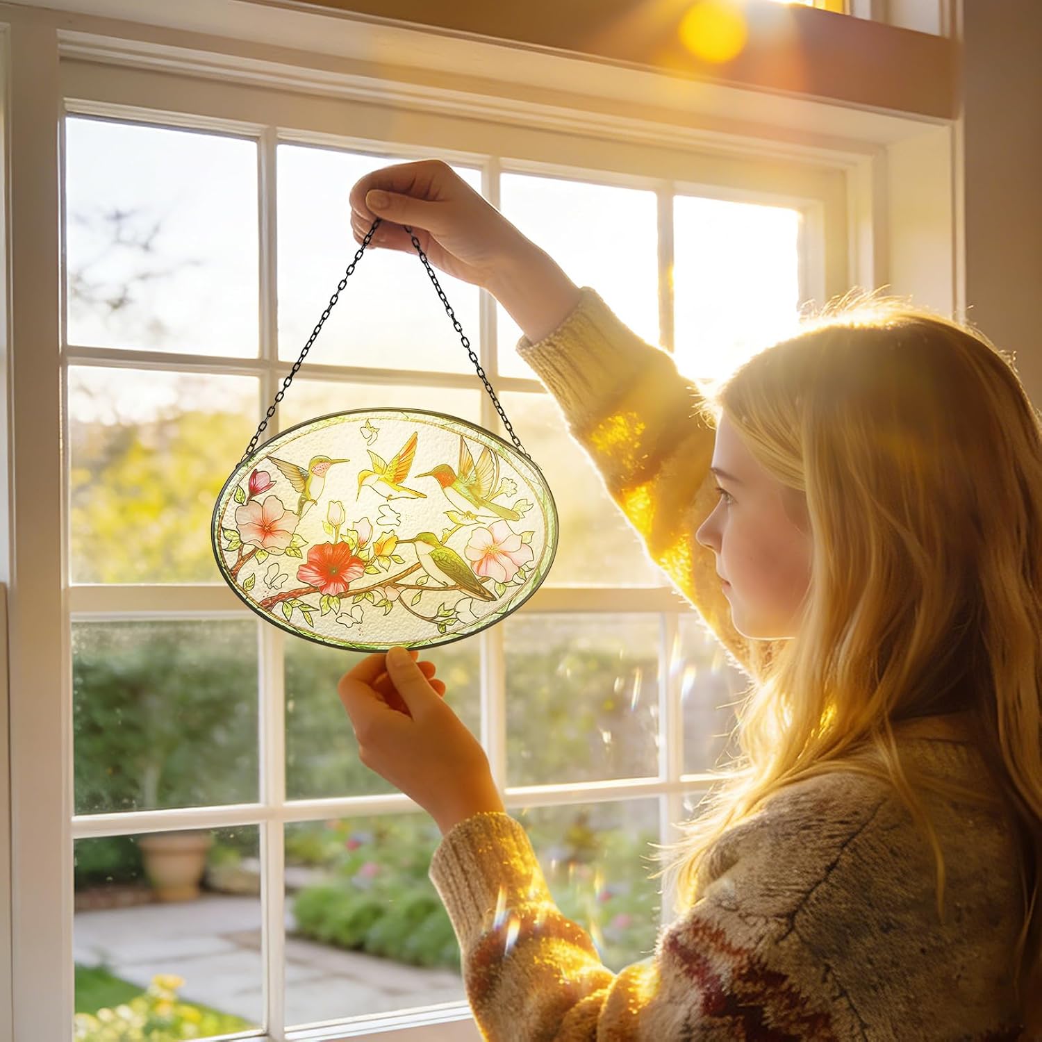 Hummingbird Stained Glass Window Hanging - 6.7" x 9.4" Hummingbird Gif