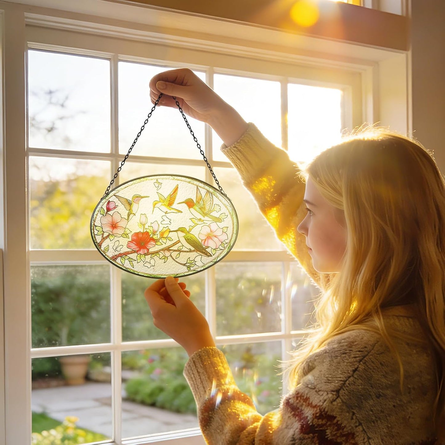 Hummingbird Stained Glass Window Hanging - 6.7" x 9.4" Hummingbird Gift for Women, Sun Painted Glass Panel Catcher Ornament for Home Windows Decor Birds Lover Gifts