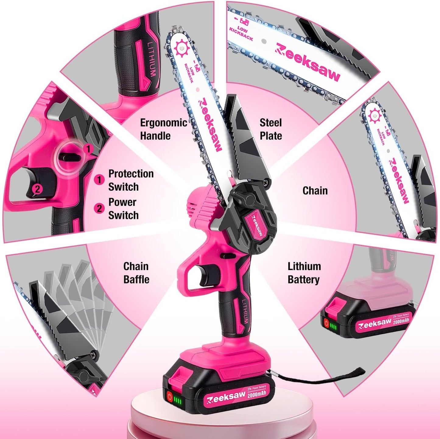 Pink Mini Chainsaw Cordless 6 inch - Electric Hand Held Chain Saw Batt