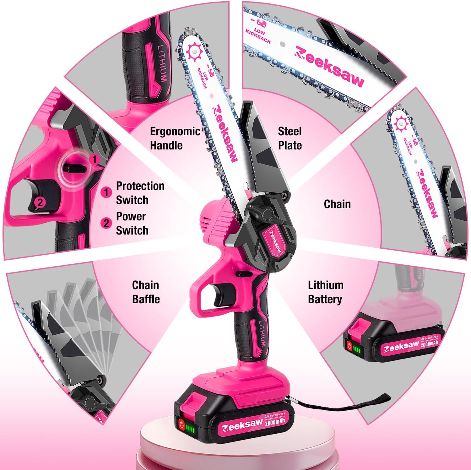 Pink Mini Chainsaw Cordless 6 inch - Electric Hand Held Chain Saw Batt