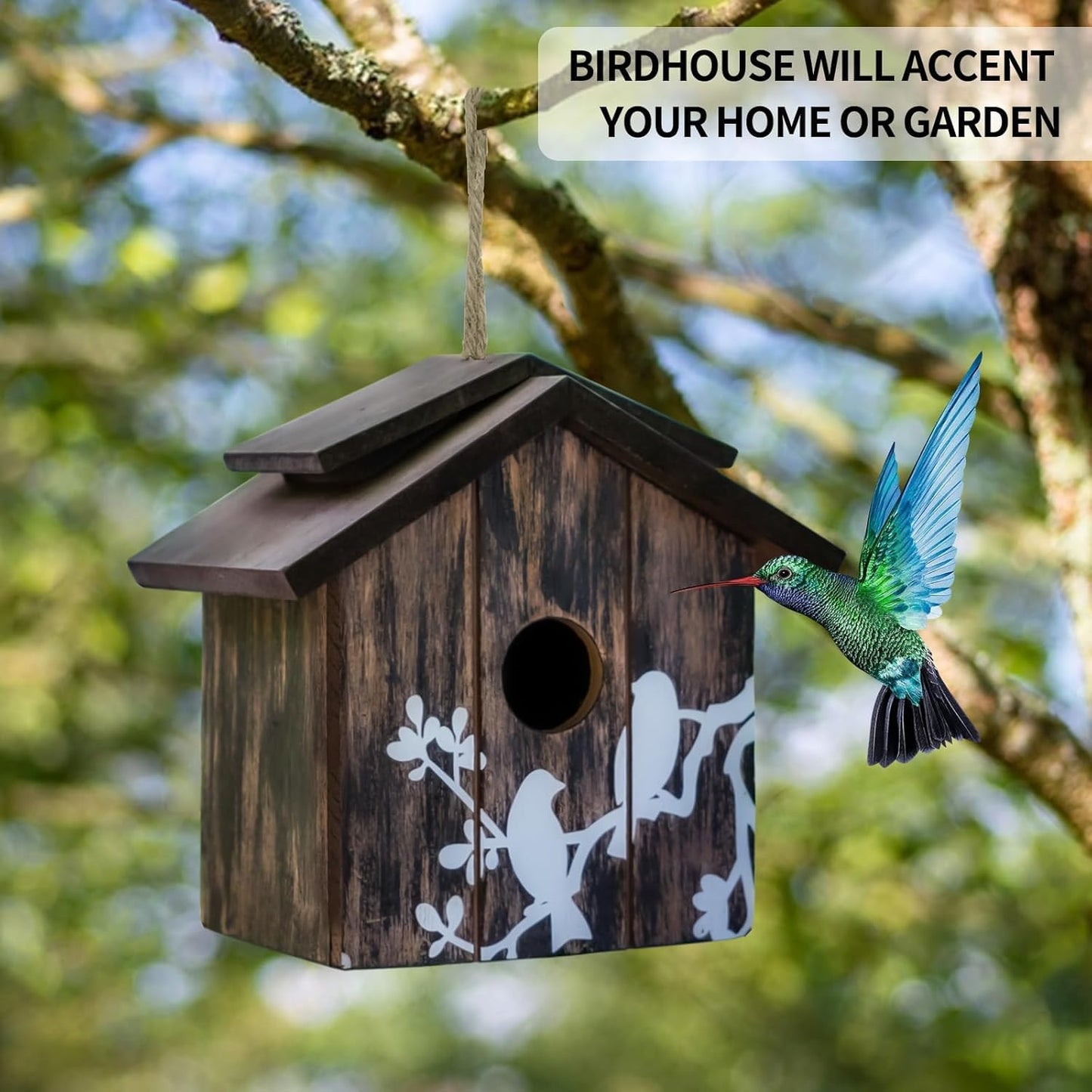Topadorn Wooden Bird House Hanging Outdoor,Eco Friendly Materials and Decorative with Bird Printed