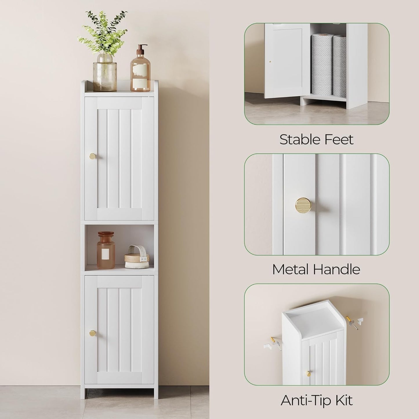 Bathroom Cabinet with 2 Doors, 7.3 x 9.8 x 40.4 Inches, Small Freestan