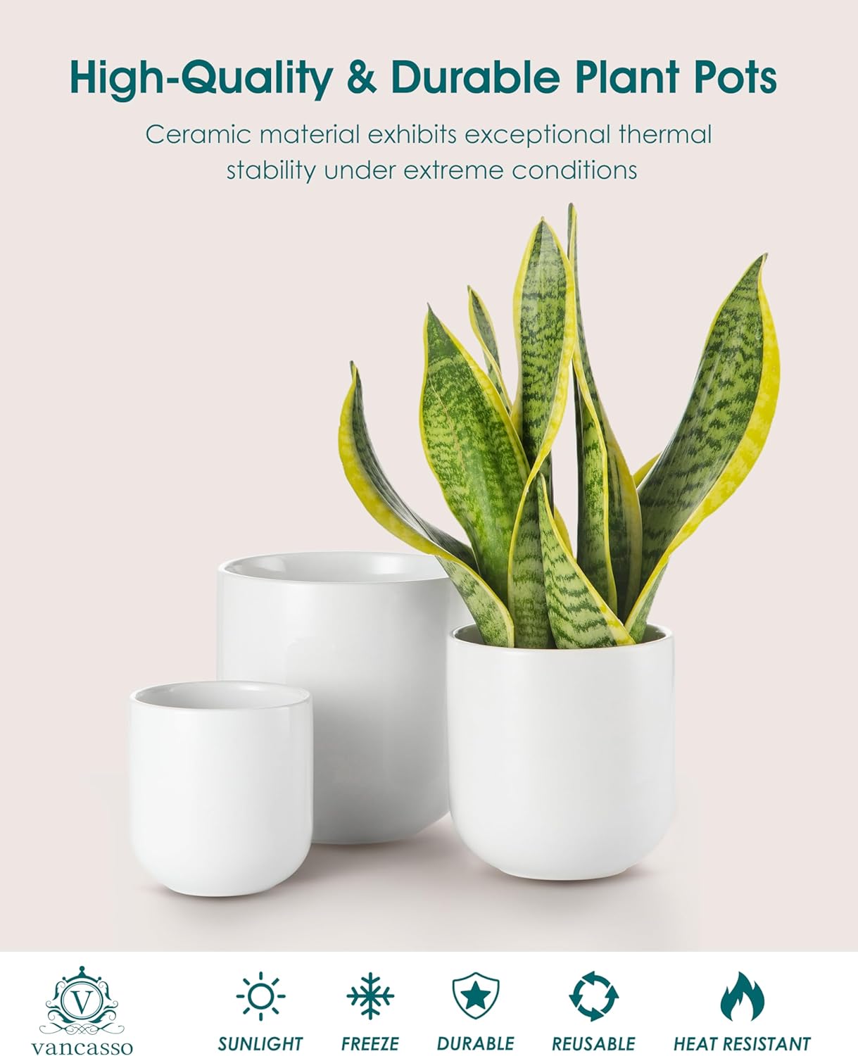 vancasso Ceramic Plant Pots, 4+5+6 inches, Set of 3, Planters with Dra