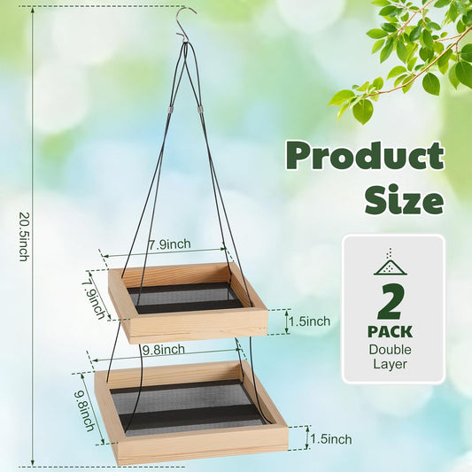 2 Pack 2 Tier Large Platform Bird Feeders for Outdoors, 10 Lbs Capacity in Total, Natural Wood Hanging Tray Bird Feeders for Garden Yard Outside Decoration Attracting for Wild Birds