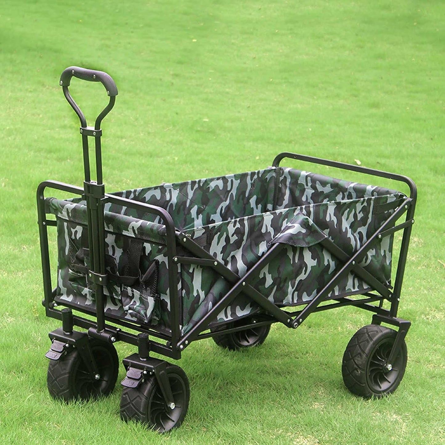 Foldable Beach Wagon Portable Large-Capacity Outdoor Beach Carts with Big Wheels l Heavy-Duty Push-Pull Rod Garden Carts Suitable for Shopping Camping Activities (Army Green)