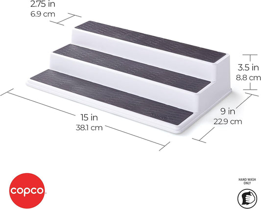 Copco 3-Tier Non-Skid Spice Rack Organizer for Kitchen Cabinet or Pantry, 15-Inch Tiered Shelf, White/Gray, Slip-Resistant Design for Jars and Bottles