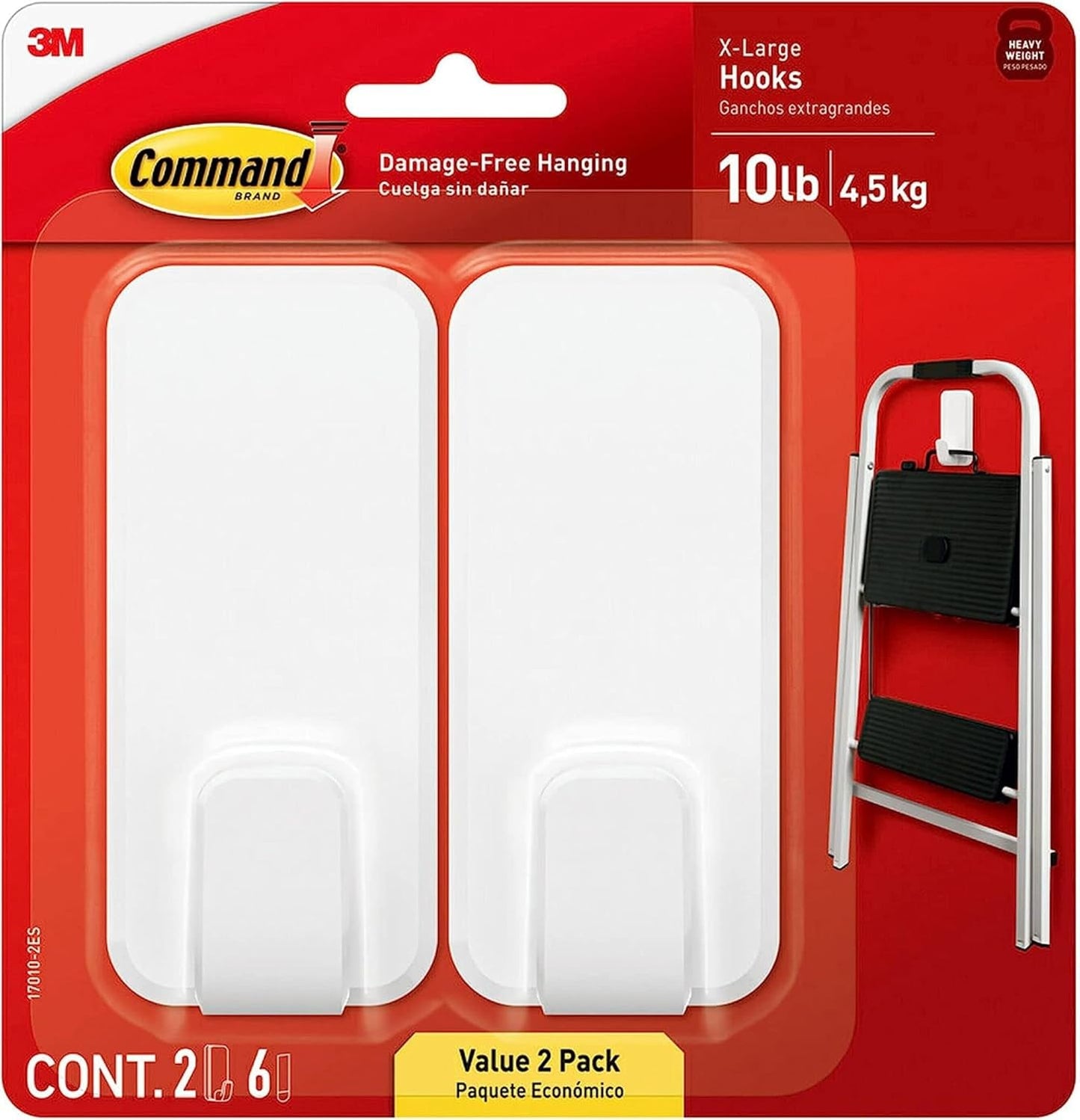 Command 10 lb XL Heavyweight Hook, 2 Wall Hooks and 6 Strips, Damage-F