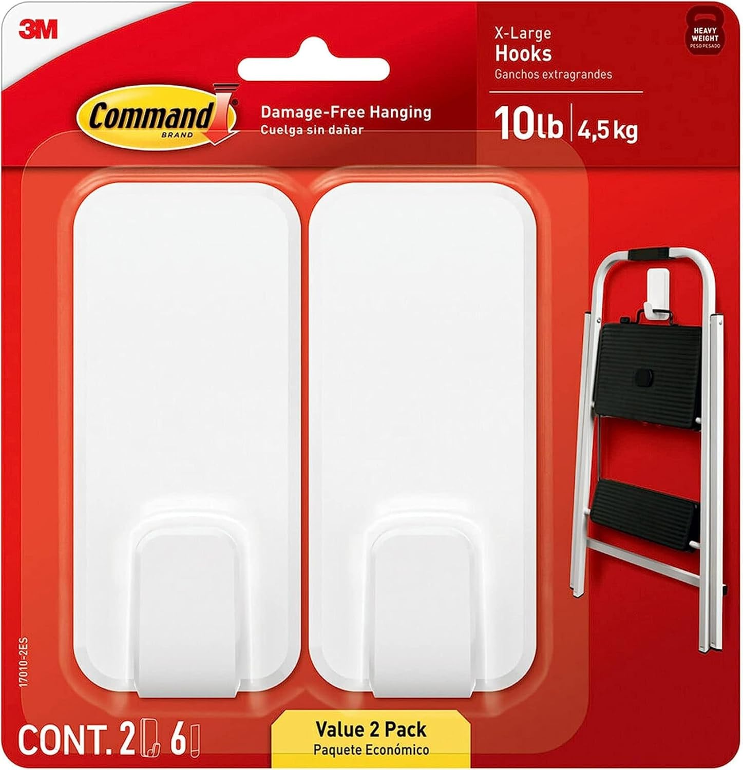 Command 10 lb XL Heavyweight Hook, 2 Wall Hooks and 6 Strips, Damage-F