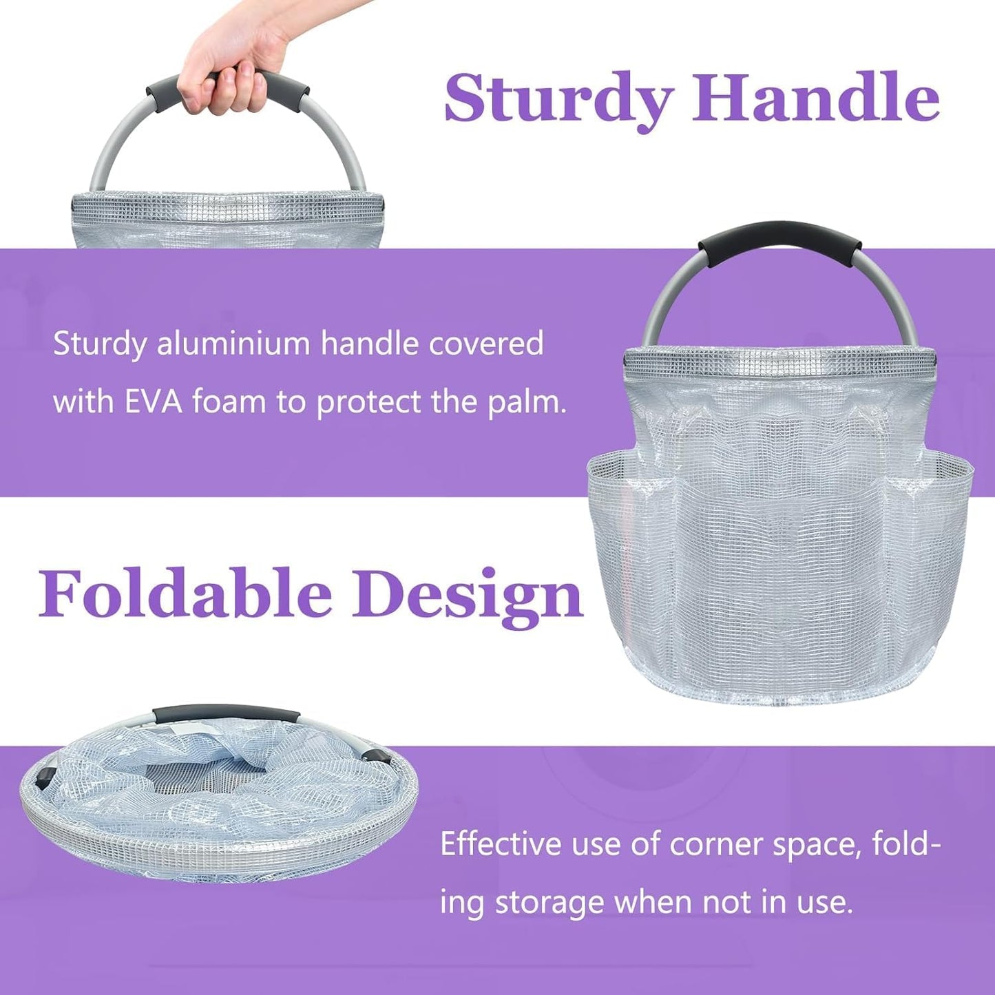 17L Foldable Storage Caddy Basket with Aluminum Handle, 6 Side Pockets, EVA Foam Grip, Multi-Purpose Organizer for Cleaning, Garden, Car, PVC Material