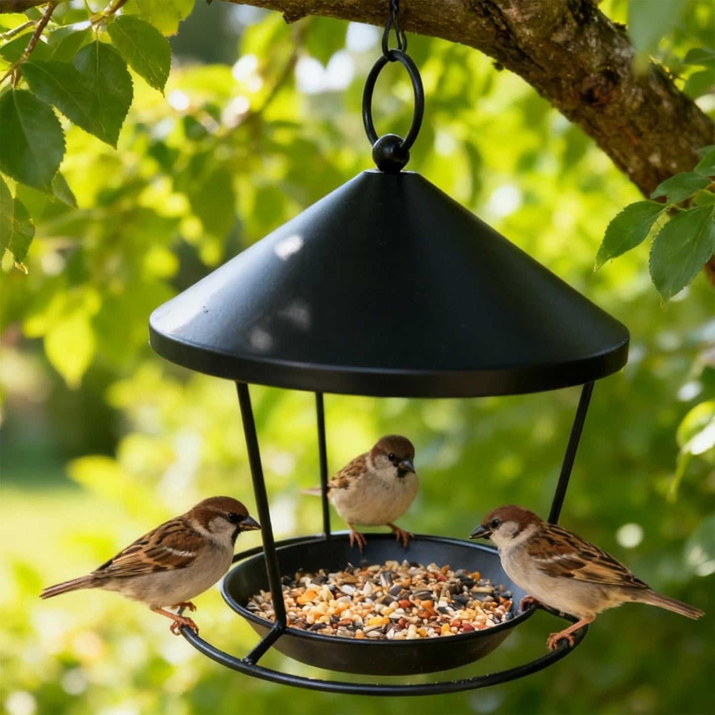 Easy Installation Iron Hanging Bird Feeder with Ornamental Circles for Garden Decoration Weatherproof Large Capacity Bird Feeder