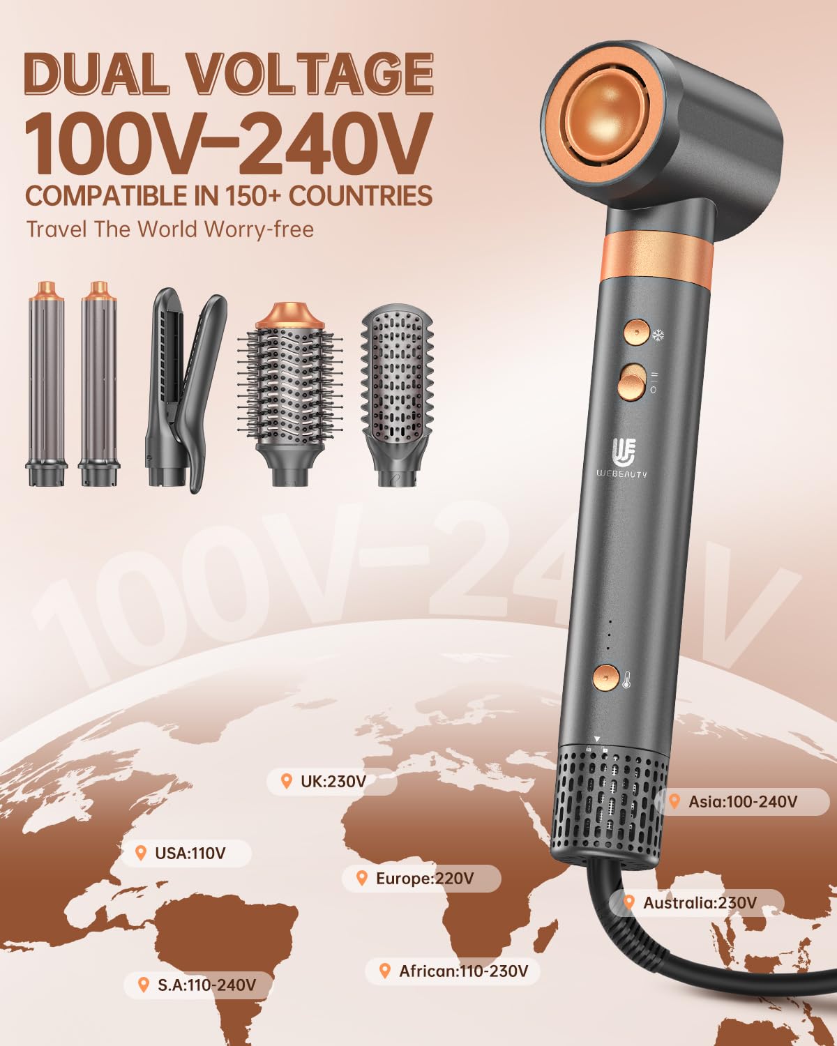 Hair Dryer Brush Air Styler: Dual Voltage 7 in 1 Ionic Multi Styling T