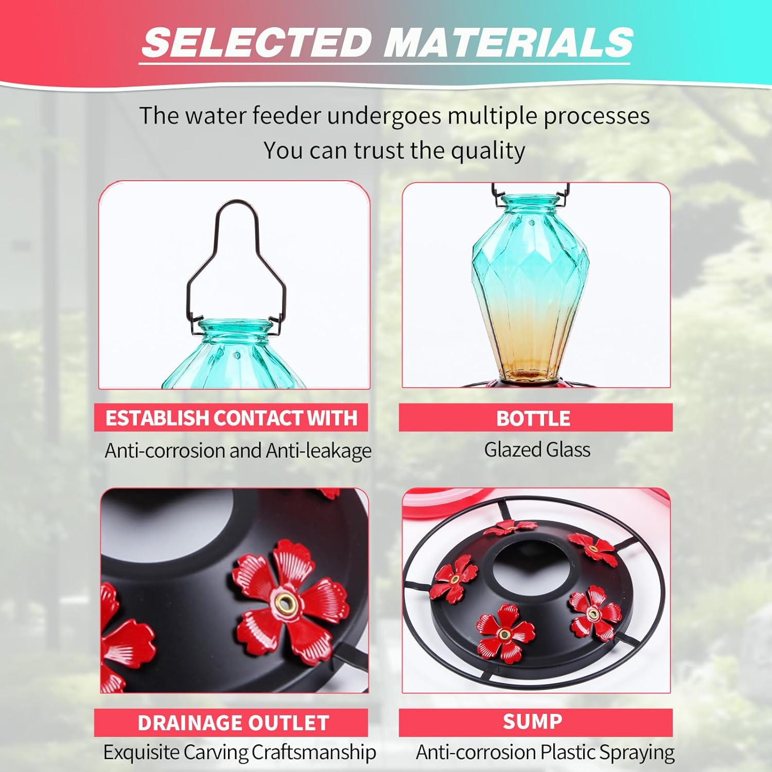Glass Hummingbird Feeder for Outdoors Hanging, 25Oz Humming Bird Necta