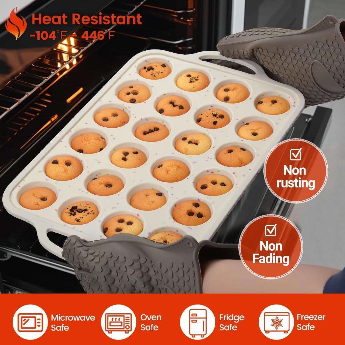 CAKETIME Mini Muffin Pan, Metal Reinforced Frame Mini Cupcake Pans 24 Cups Nonstick Muffin Silicone Molds with Handle for Baking Muffins, Cupcakes, Egg Bites 2 Pack