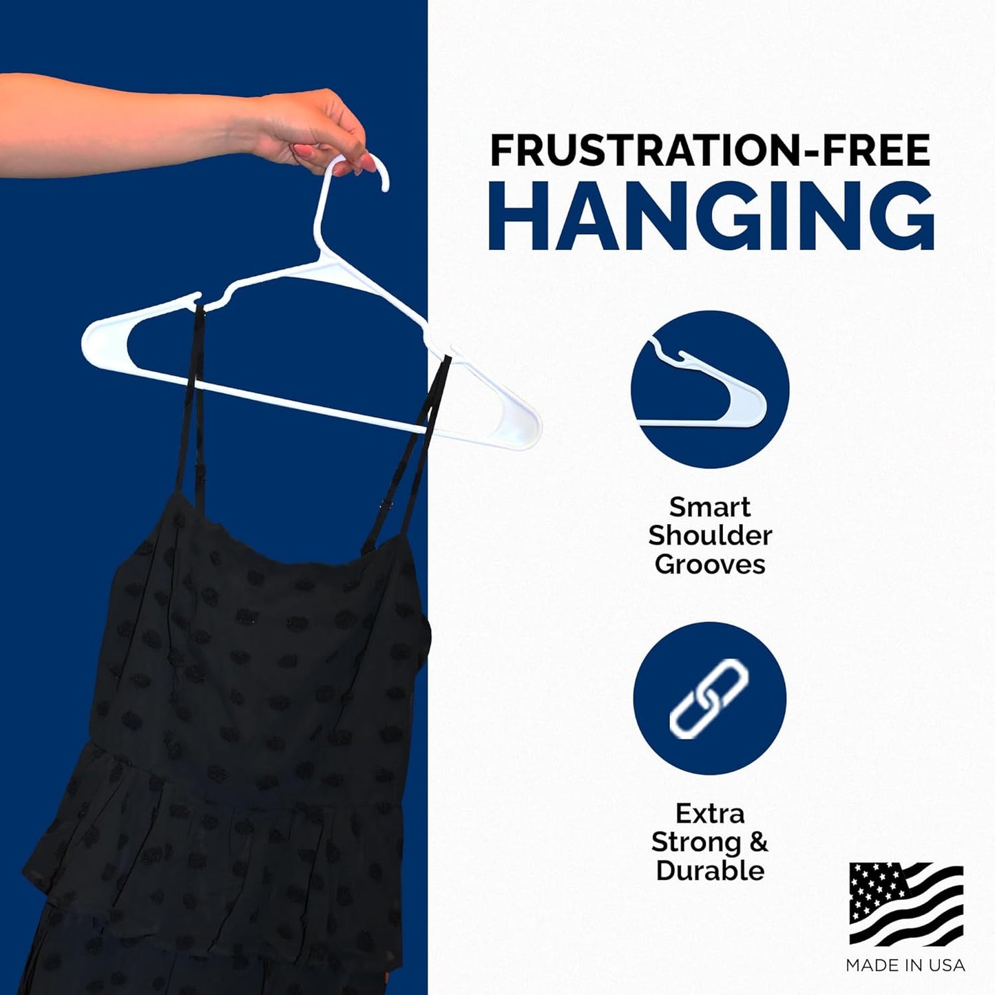 Plastic Hangers 50 Pack, Strong Space Saving Clothes Hanger, Made in USA, Perfect Shirt or Coat Plastic Hanger, with Shoulder Grooves, White, Notched