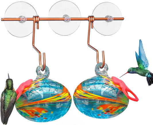 Window Hummingbird Feeder with Suction Cups,Hand-Blown Glass Hummingbird Feeders for Outdoors Window Mounted with Metal Hook,Close Bird Watching(Blue)
