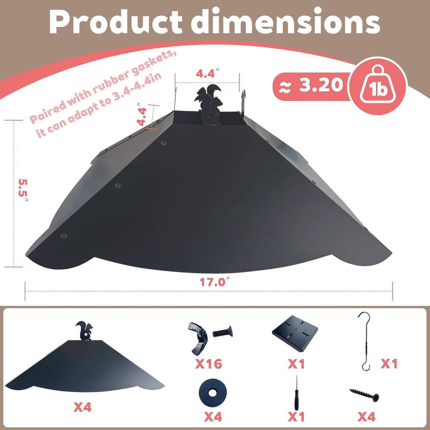 Squirrel Baffle for 4x4 Post - 17-Inch Heavy Duty Metal Squirrel Guard for Bird Feeders, Dual Mount (Hanging & Pole Mount) Stops Raccoons & Squirrels