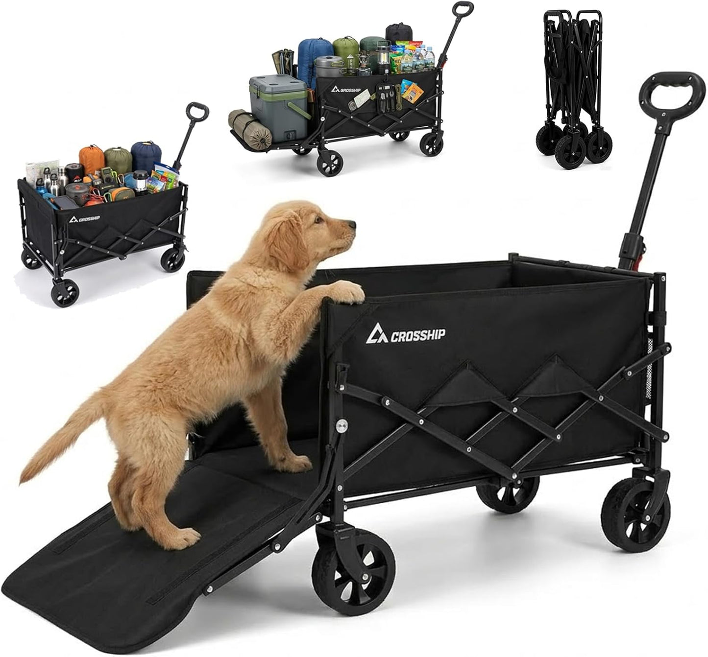 Collapsible Wagon Cart with Drop-Down Tailgate, 150L Heavy Duty Foldable Garden Cart 350 lbs Capacity, All-Terrain Wheels Utility Wagon for Beach, Camping, Long Items & Pet Transport