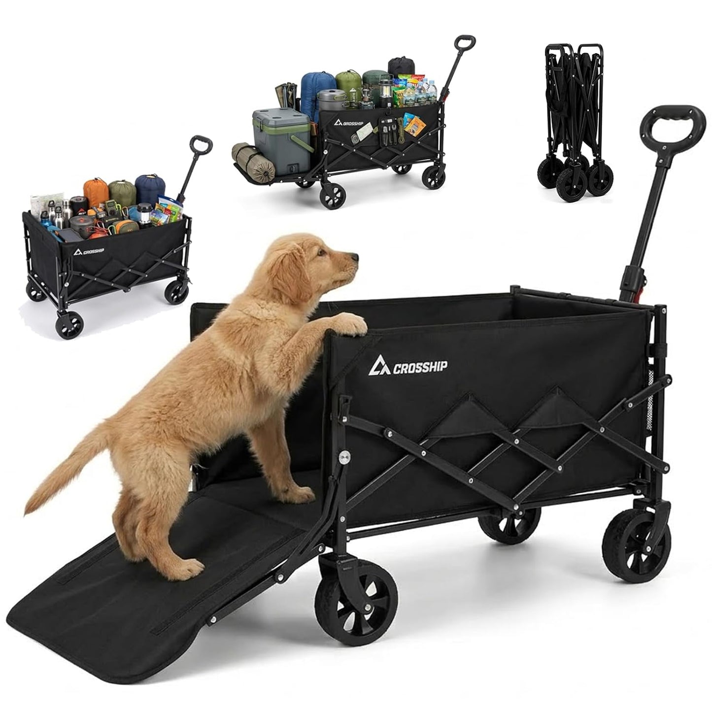 Folding Pet Wagon for Dogs - 330 lbs Heavy Duty Dog Cart, All-Terrain Collapsible Wagon for Beach, Shopping & Camping, Garden Cart with Drop-Down Tailgate for 2 Medium or 1 Large Dog