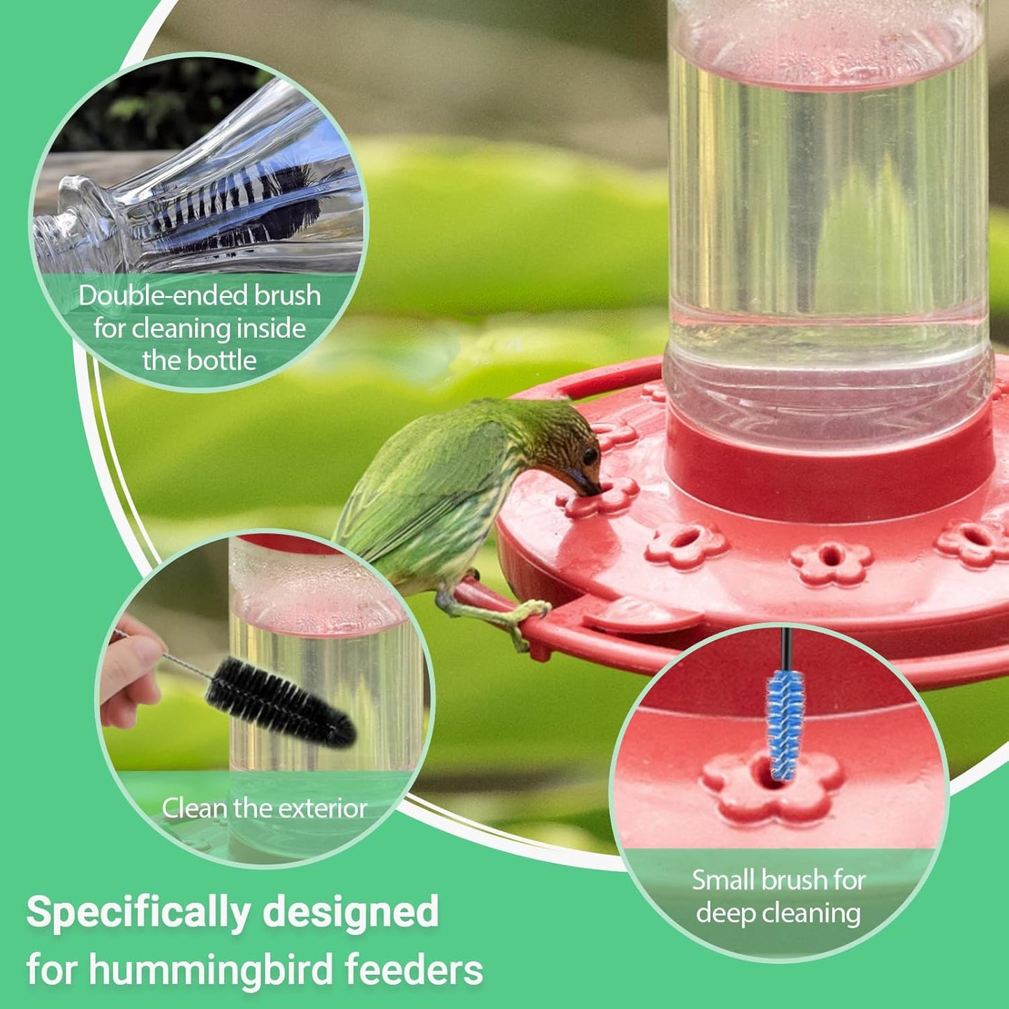 Hummingbird Feeder Cleaning Brush Kit - Small Parts Cleaning Tools Set for Tubes Jars Bottles Feeding Holes, 21 Pcs in 3 Sizes (Black)