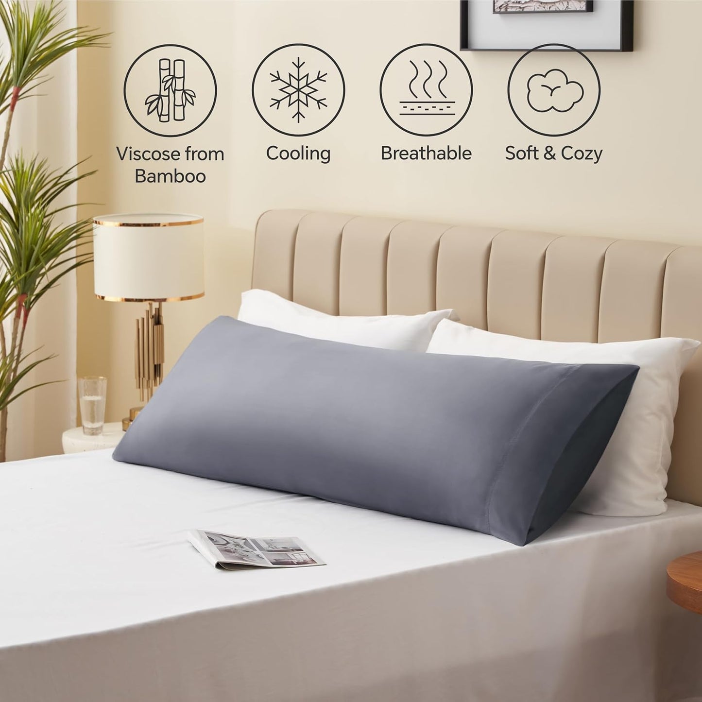 BEDELITE Body Pillow Cover, Rayon Made from Bamboo, Cooling Body Pillow Pillowcase for Hot Sleepers and Night Sweats, Breathable & Silky Soft Full Long Pillow Case Cover (Grey, 20x54 Inches)
