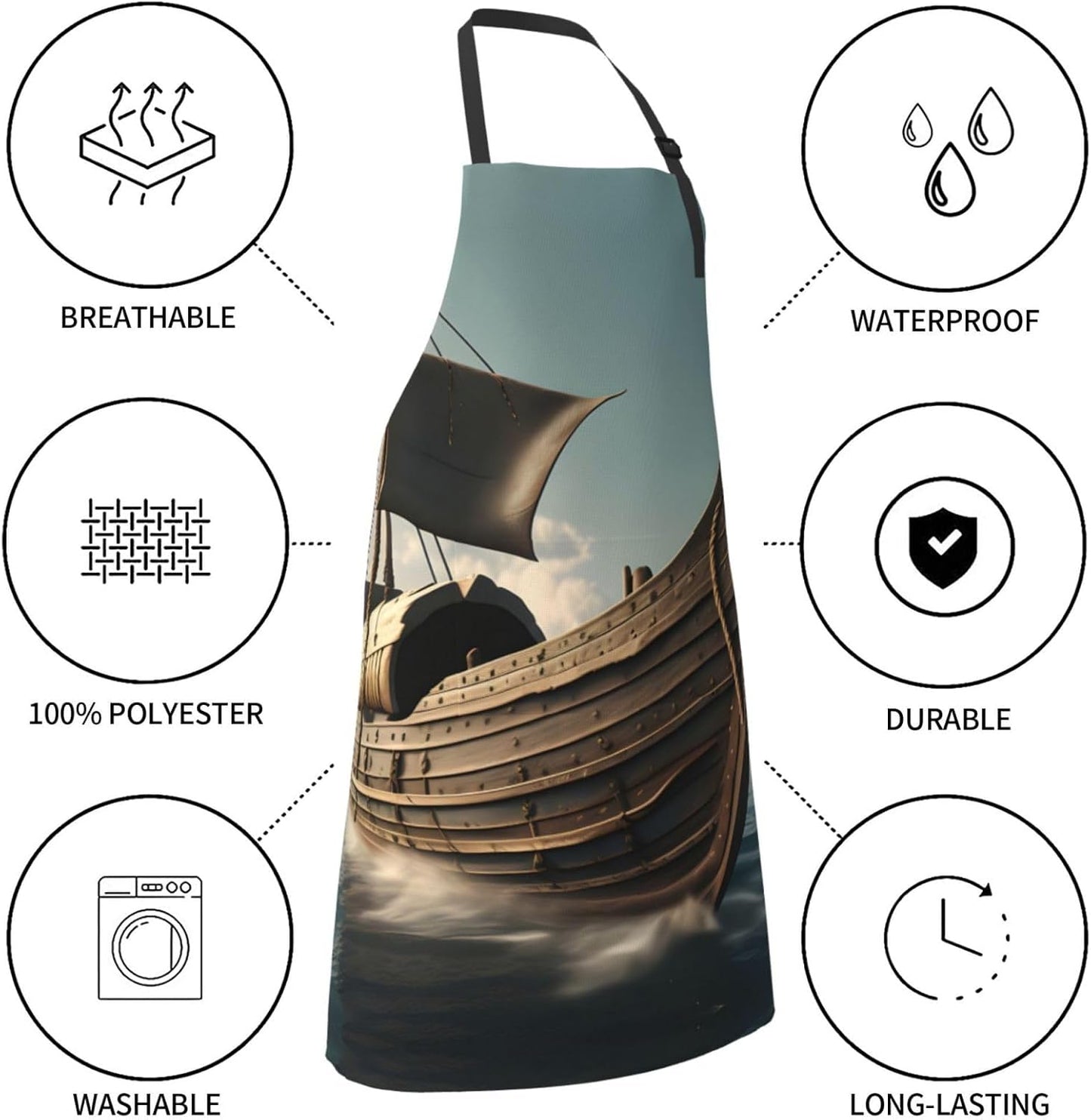 Old Viking Boat Print Laundry apron 28x33 In Waterproof Kitchen Apron with Pockets for Cooking Baking