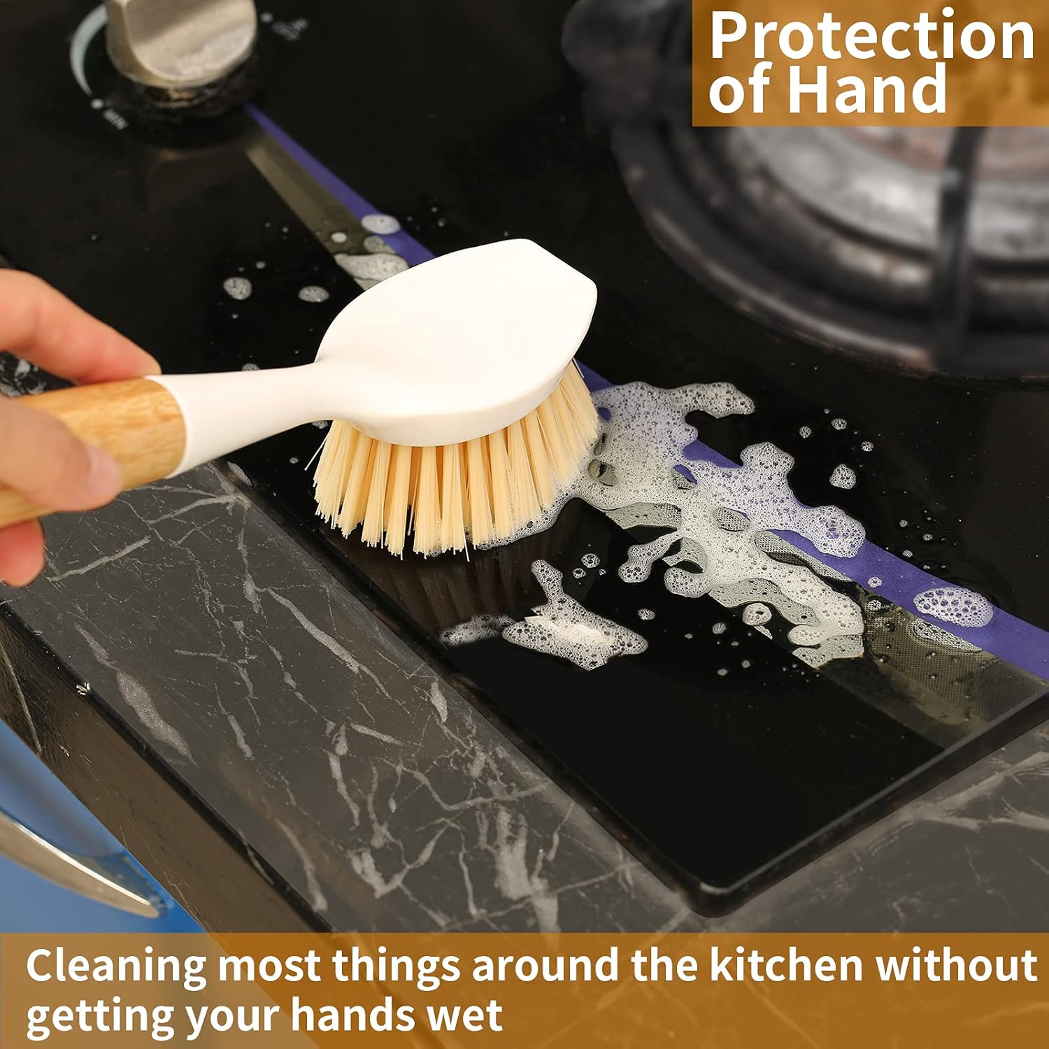 2 Pack Kitchen Dish Brush Bamboo Handle Dish Scrubber Built-in Scraper