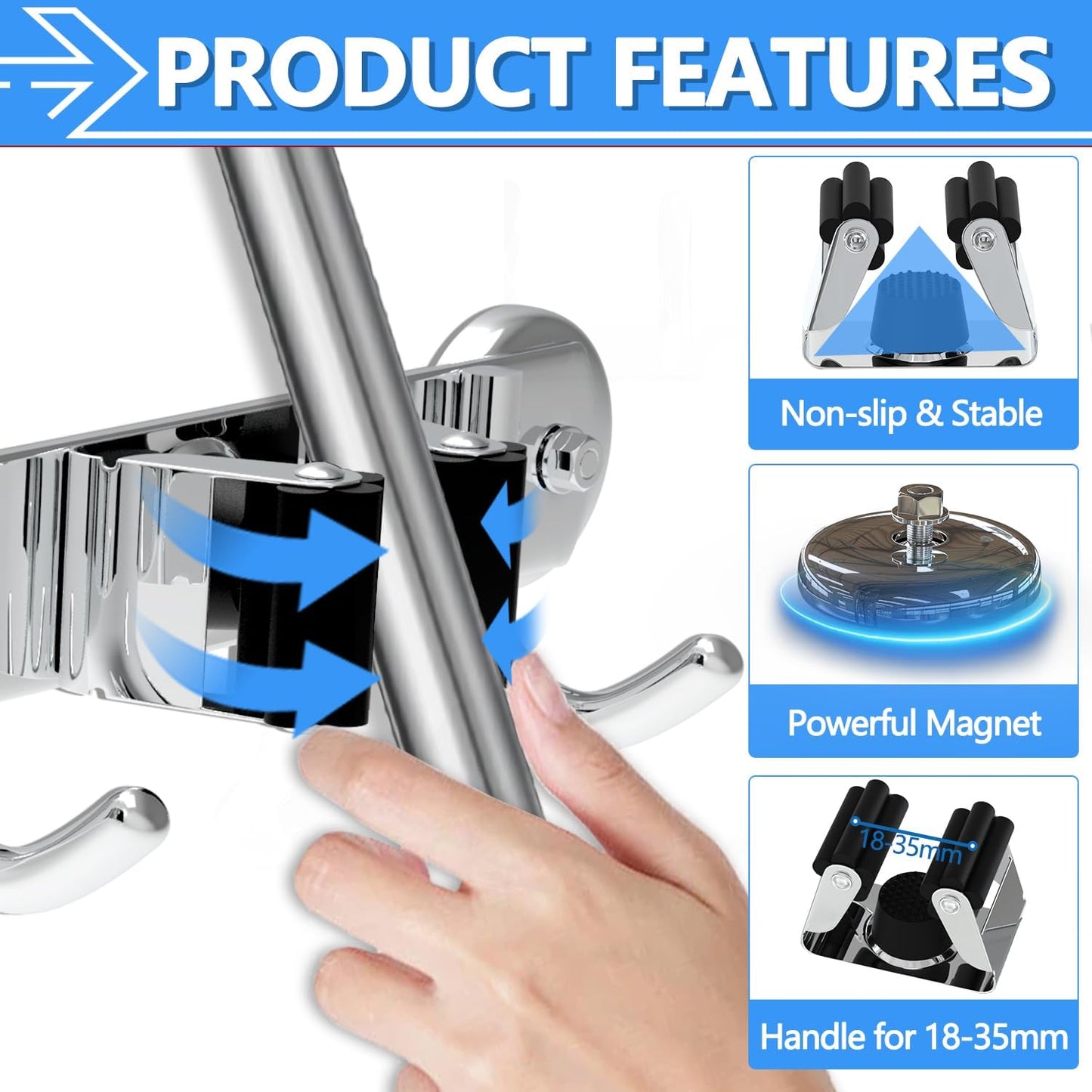 3-H Magnetic Broom Holder Wall Mount 2 Pack, 2-in-1 Dual Mount (No Drill or Screw Fix), 304 Stainless Steel Heavy Duty Magnet Mop Broom Organizer for Kitchen Garden Garage(3 Racks & 4 Hooks, Silver)