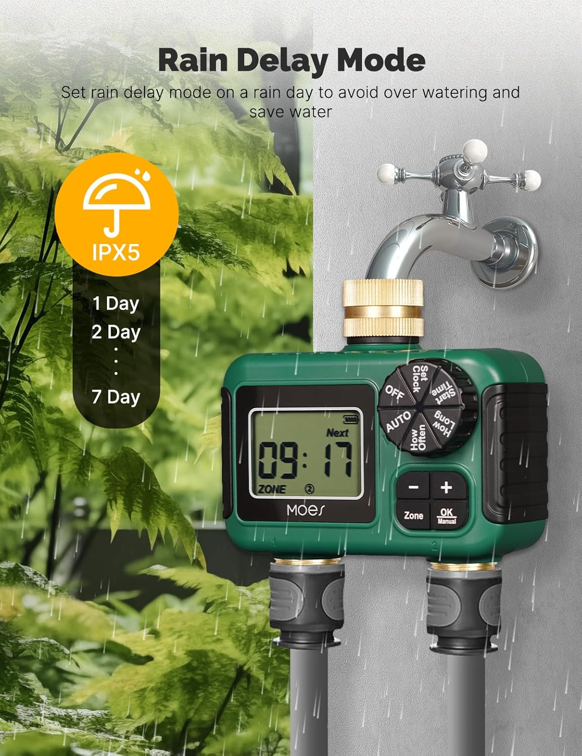 MOES 2 Outlet Sprinkler Timer, Brass Inlet & Outlet, Programmable Auto