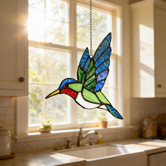 Hummingbird Stained Glass Suncatcher for Window Hanging Handmade Colorful Glass Bird Sun Catcher for Indoor Outdoor Decor,Ruby Throated Hummingbird Gift for Women,Mom,Nature Lovers