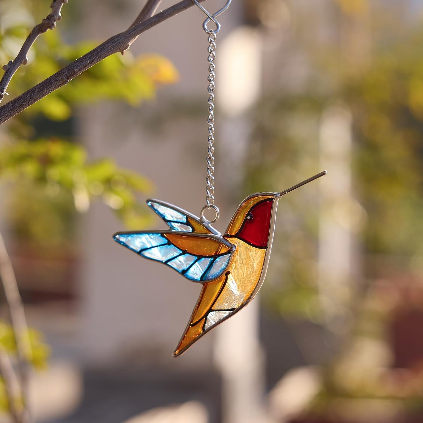 Handmade Stained Glass Hummingbird Hanging Ornament - Colorful 4.3x4.9 Inch Window/Garden Decor for Mom, Grandma, Mother's Day - Patio, Home, Wedding Decorations (Blue Wings)
