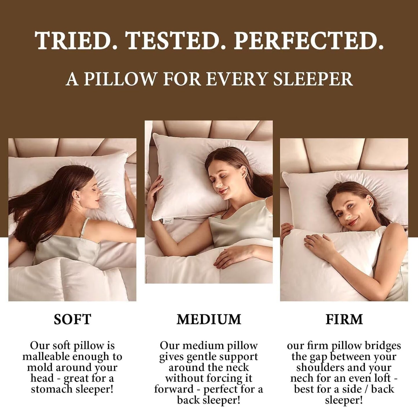 BHZ Goose Down Feather Pillows Queen Size - Hotel Collection Bed Pillows for Sleeping Medium Firm Soft Support Pillow for Side and Back Sleepers with Breathable Cover