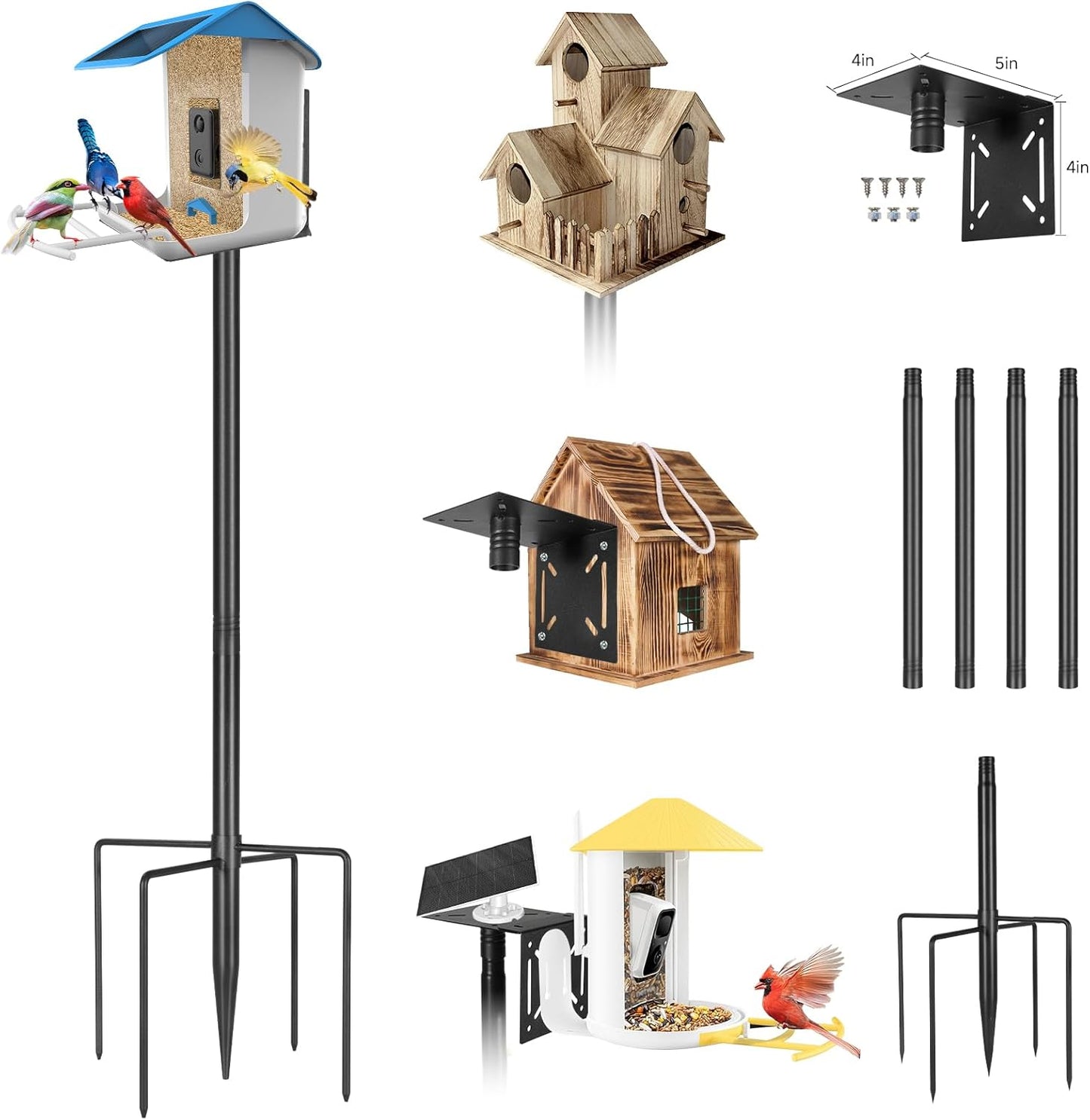 Smart Bird Feeder Pole Stand 79In,Adjustable Height Metal Bird House Pole for Outdoor Garden with Multiple Mounting Options Round Squirrel Baffle High 79in (79'' Pole)