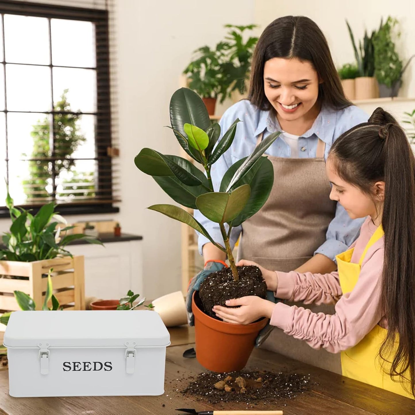 Seed Saving Box, Metal Seed Bin, Seed Storage Organizer, Seed Packet Container with Lid, Seed Envelope Storage Box, 4 Compartments Garden Seed Bin with Safety Locks-White