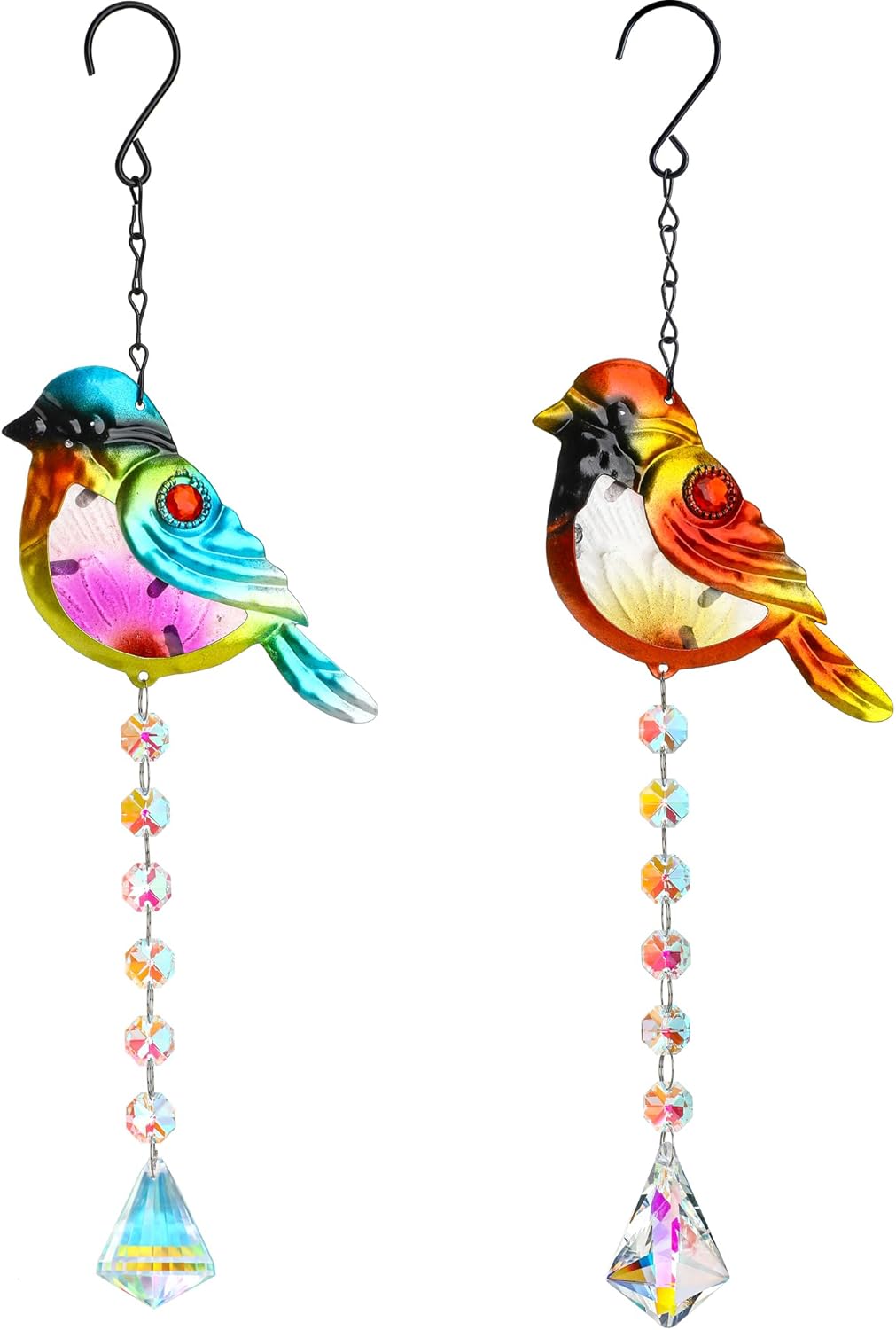 Set 2 Stained Glass Little Birds Suncatchers Rainbow Maker Crystal Prisms Hanging Suncatcher for Window Colorful Metal Birds Wall Art Fence Decorations Ornament for Christmas Tree