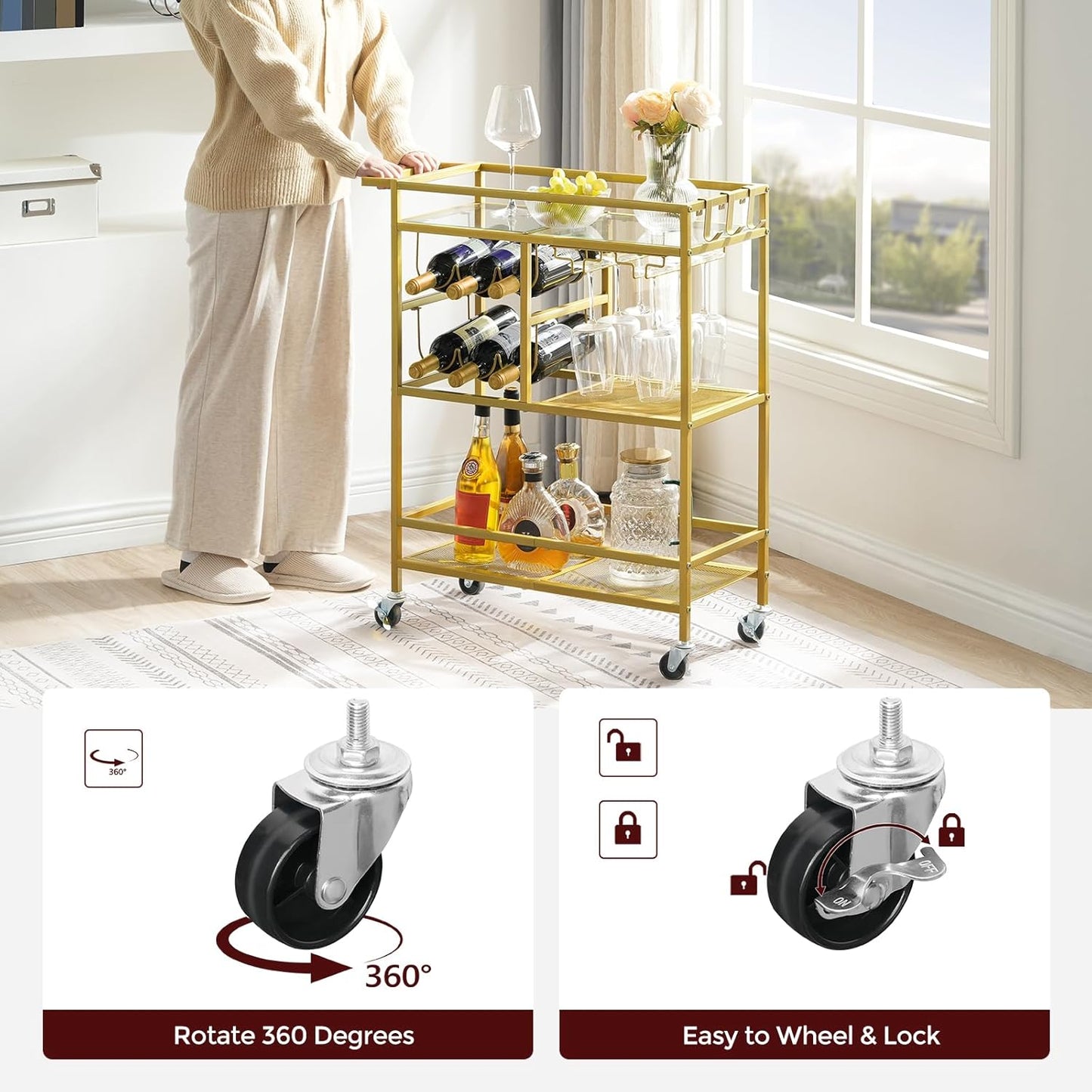 Bar Cart for Home, 3-Tier Serving Cart with Wheels and Handle, Beverag