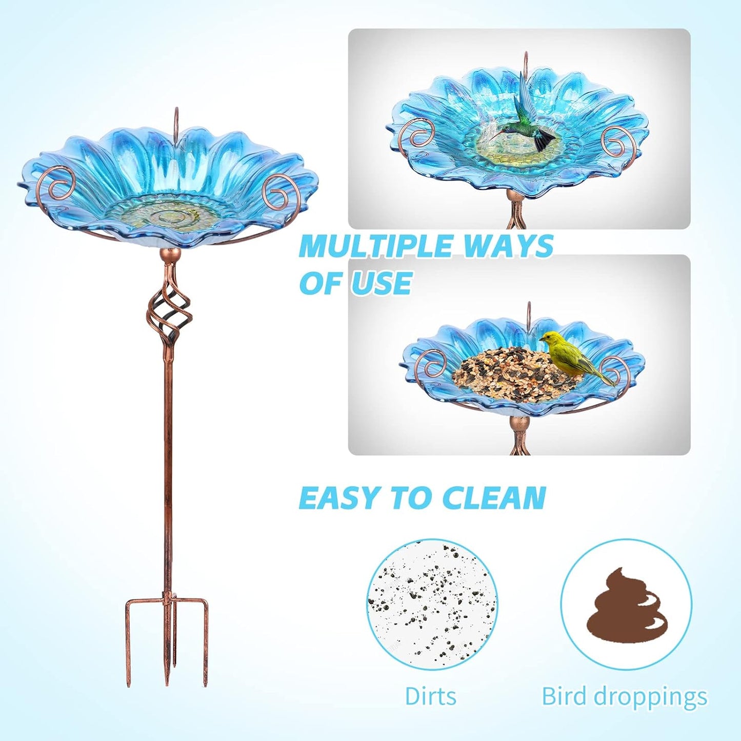 Bird Baths for Outdoors, Glass Birdbaths Outdoor Garden Birdfeeder with Metal Stake Blue (Height:31inch)